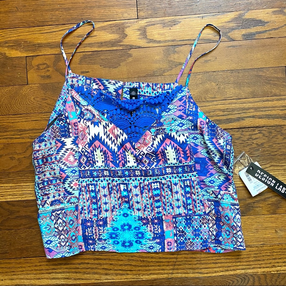 Design Lab printed lace trim cropped tank top with spaghetti straps size large